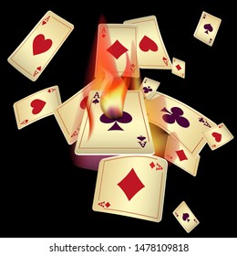 Playing Cards and Fire on Black Background. Vector illustration in vintage style.