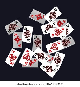 Playing Cards and Fire on black background. Vector illustration in celtic style.