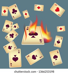Playing Cards and Fire. Vector illustration in vintage style.