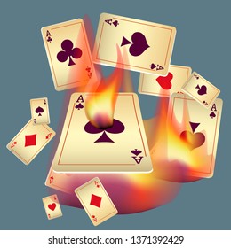 Playing Cards and Fire. Vector illustration in vintage style.