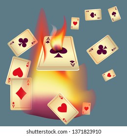 Playing Cards and Fire. Vector illustration in vintage style.