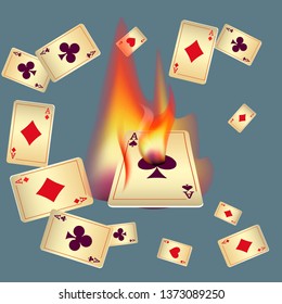 Playing Cards and Fire. Vector illustration in vintage style.