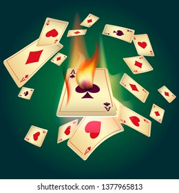 Playing Cards and Fire. Vector illustration in vintage style.