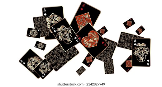Playing cards are flying on a white background. Winning or gambling concept. Poker and card games.