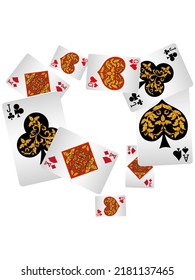 Playing cards are flying on a white background. Winning or gambling concept. Poker and card games. Vector 3d illustration