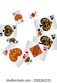 Playing cards are flying on a white background. Winning or gambling concept. Poker and card games. Vector 3d illustration