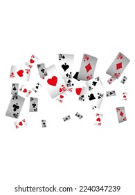 Playing cards are flying on a white background. Winning or gambling concept. Poker and card games. Vector 3d illustration
