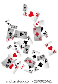 Playing cards are flying on a white background. Winning or gambling concept. Poker and card games. Vector 3d illustration
