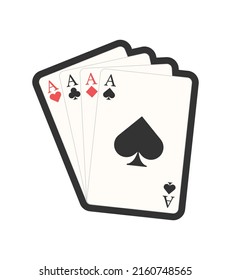 Playing cards four aces with black outline for games like poker and blackjack, roulette. Betting club and gambling, winning theme. Vector flat style.