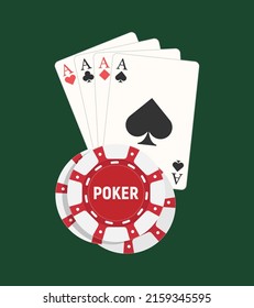 Playing cards four aces with chips, with the inscription poker, for playing poker. Vector, flat style