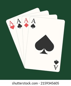 Playing cards four aces for games such as poker and blackjack, roulette. Betting club and gambling, winning theme. Vector, flat style.