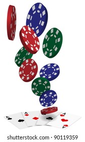 Playing Cards - Four Aces and Poker Chips On White Background