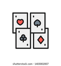 Playing cards, four suits flat color line icon.