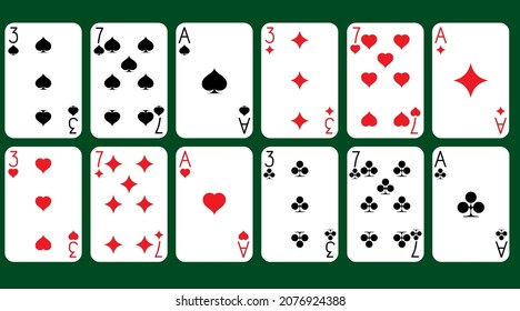 playing cards of four suits on a green background, 3, 7, Ace