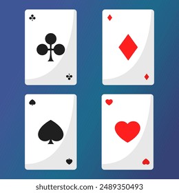 Playing cards of four suits set. Vector illustration of gaming icons. Heart, spade, diamond and club. Red and black symbols.