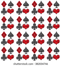 Playing cards, four suits, spades, hearts, clubs, diamonds. Seamless colored pattern.