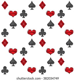 Playing cards, four suits, spades, hearts, clubs, diamonds. Seamless colored pattern.