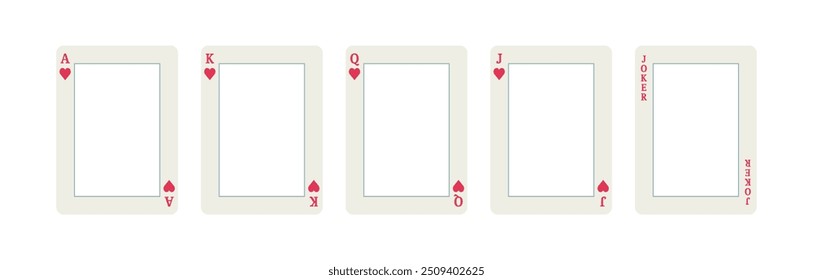 Playing cards frames. Set of hearts playing cards frames jack, queen, king, ace and joker in vector on isolated background 