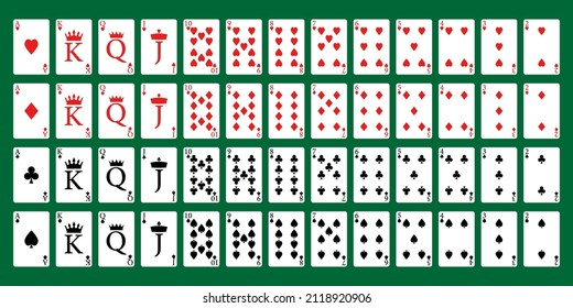 Playing cards full deck for poker on a green background