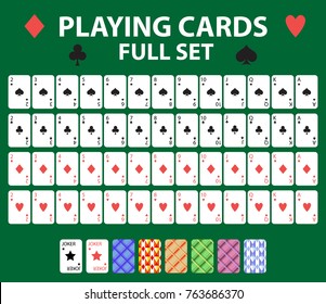 Playing cards full deck for poker, black jack. Collection with a joker and backs. Isolated on a green background. Vector illustration
