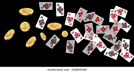 Playing Cards and gold coins on black background. Pattern for ads of parties, events in Vegas. Vector illustration. Vector illustration in celtic style.