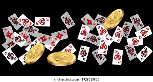 Playing Cards and gold coins on black background. Pattern for ads of parties, events in Vegas. Vector illustration. Vector illustration in celtic style.