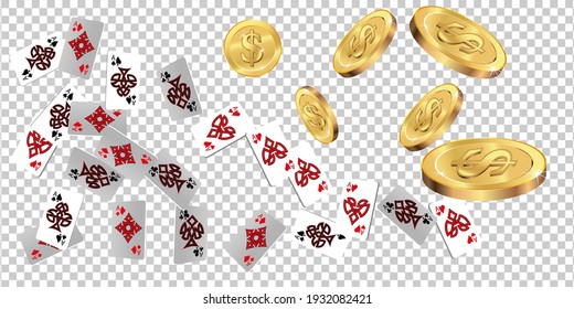 Playing Cards and gold coins  on transparent background. The concept of winning or gambling. Poker and card games. Vector 3d illustration 