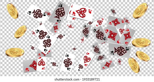 Playing Cards and gold coins  on transparent background. The concept of winning or gambling. Poker and card games. Vector 3d illustration 
