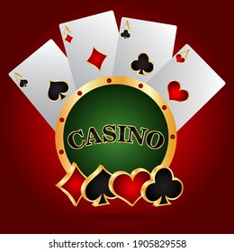 Playing cards with golden casino chip, gambling background, vector illustration.