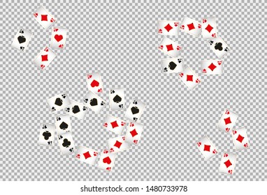 Playing Cards and golden coins falling on transparent background. Vector illustration