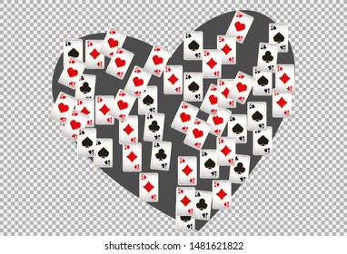 Playing Cards and golden coins falling on transparent background. Vector illustration
