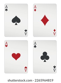 Spielkarten - eine Gruppe von vier Aßkarten, Aces of Hearts, Spades, Clubs und Diamonds Karte, Vektorgrafik einzeln auf weißem Hintergrund