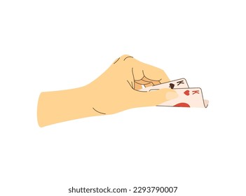 Playing cards in hand flat illustration. Texas holdem game. Poker player. Vector illustration for gambling industry. Cards, rules and web banners for online casino.