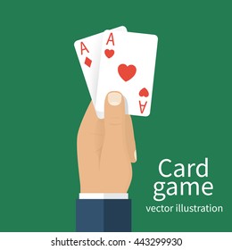 Playing cards in hand men. Vector illustration  flat design. Card game template banner. Gambling business. Hand with two aces isolated on background. Gambler in casino. Successful game