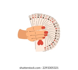 Playing cards in hands flat illustration. Card tricks. Croupier in casino.. Vector illustration for gambling industry Cards, rules and web banners for online casino.