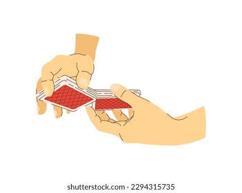 Playing cards in hands flat illustration. Card shuffling. Croupier in casino.. Vector illustration for gambling industry Cards, rules and web banners for online casino.