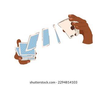 Playing cards in hands flat illustration. Card tricks. Black-skinned croupier in casino. Vector illustration for gambling industry Cards, rules and web banners for online casino.