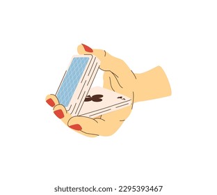 Playing cards in hands with red nails flat illustration. Card shuffling. Croupier in casino. Vector illustration for gambling industry Cards, rules and web banners for online casino.