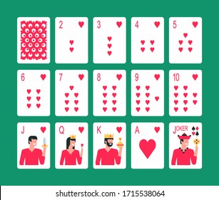 Playing cards Heart suit, joker and back. Flat Style. isolated on green background