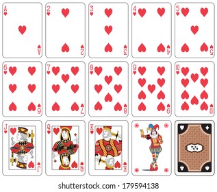 Playing cards heart suit, joker and back