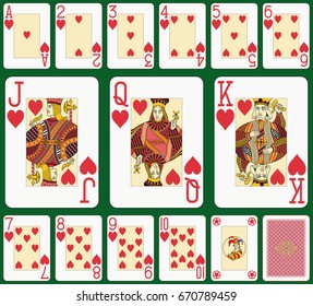 Playing cards, heart suit, joker and back. Faces double sized. Green background in a separate layer