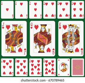 
Playing cards, heart suit, joker and back. Faces double sized. Green background in a separate layer