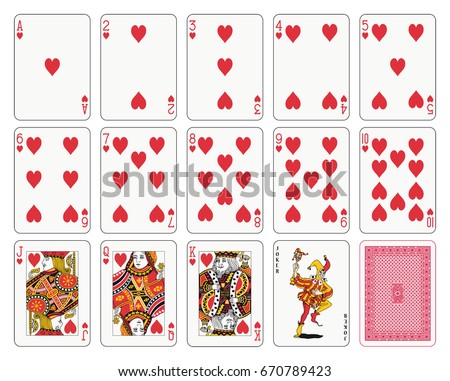 Playing cards, heart suit, joker and back