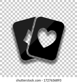 Playing cards, hearts and diamonds. Black glass icon with soft shadow on transparent background