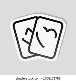 Playing cards, hearts and diamonds, linear logo. Sticker style with white border and simple shadow on gray background