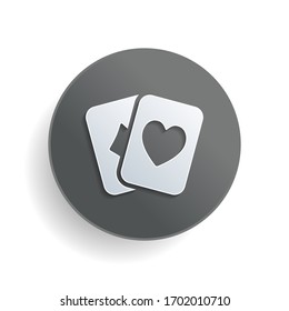 Playing cards, hearts and diamonds. White paper symbol on gray round button or badge with shadow