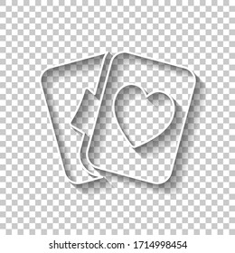 Playing cards, hearts and diamonds. White outline sign with shadow on transparent background