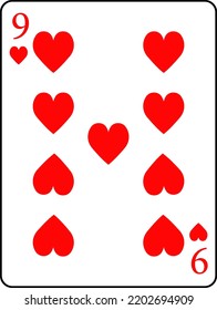 Playing cards. Hearts nine. A deck of poker cards.
