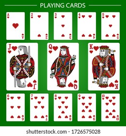 Playing cards of Hearts on a green background. Vector illustration.  Original design.