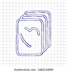 Playing cards, hearts on top, linear logo. Hand drawn picture on paper sheet. Blue ink, outline sketch style. Doodle on checkered background